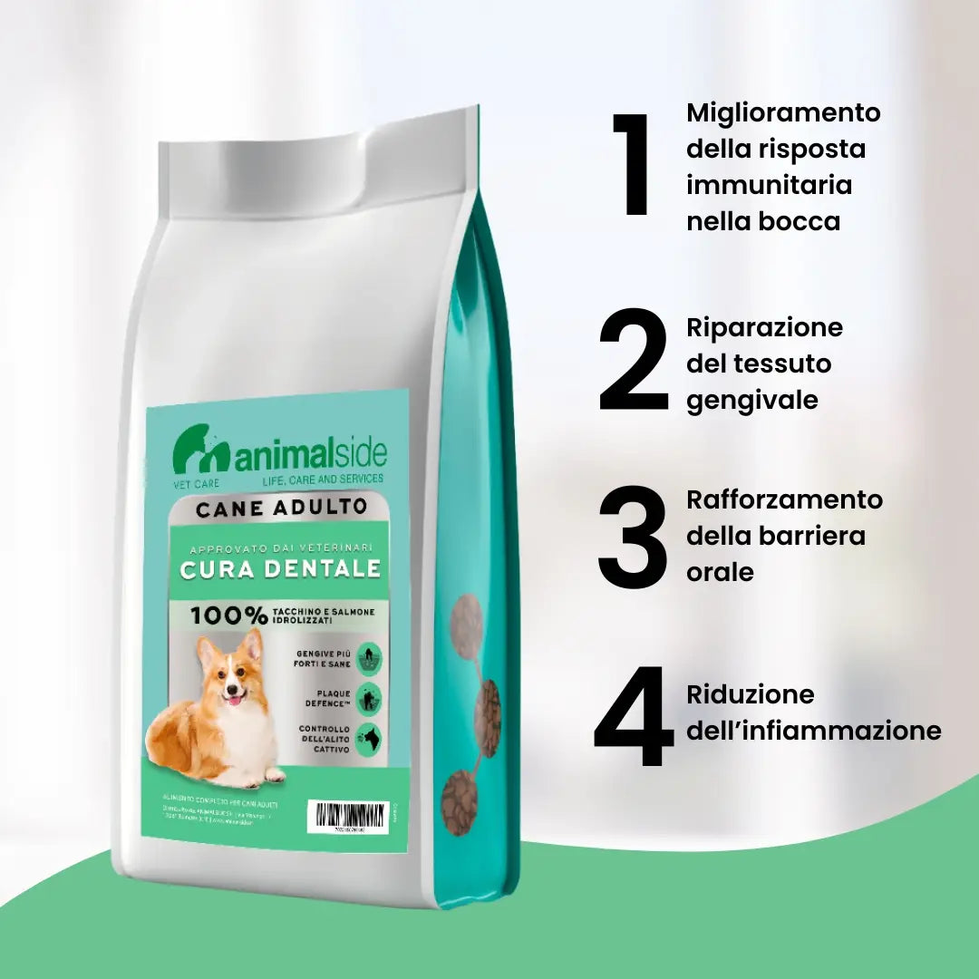 Alimento funzionale per cani con problemi di placca e alitosi