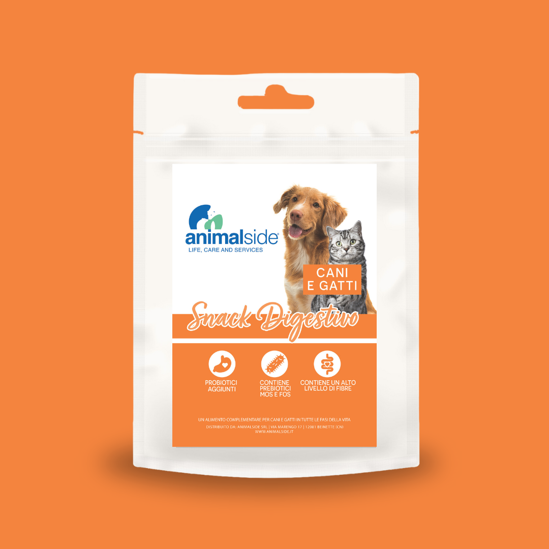 Snack digestivo per cani e gatti, probiotici e prebiotici per migliorare la salute intestinale e l’assorbimento dei nutrienti.