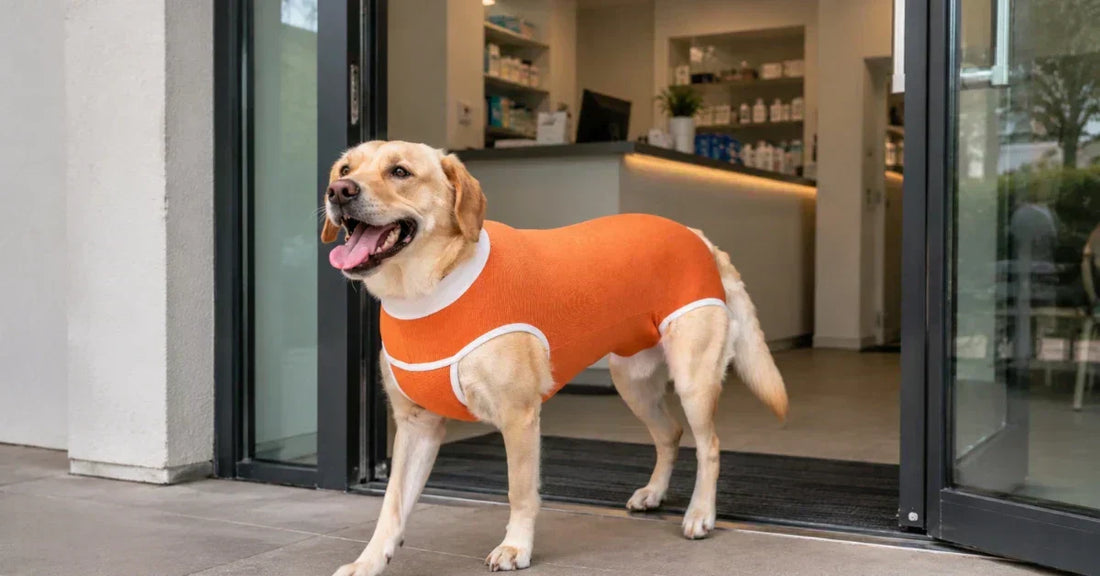 Castrazione cane che esce da una clinica veterinaria con il Body 