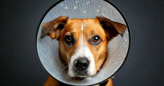 Cane con collare elisabettiano dopo intervento chirurgico, prodotti per benessere animale