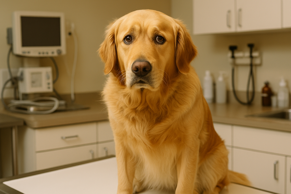Golden Retriever in clinica veterinaria per controllo salute cane e benessere animale