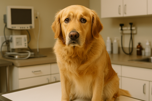 Golden Retriever in clinica veterinaria per controllo salute cane e benessere animale