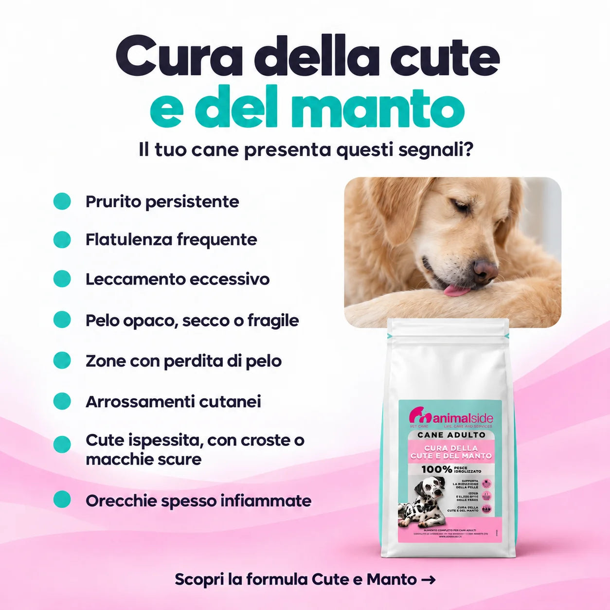 Cura della cute e del manto per cani: prodotto per prurito, perdita di pelo, pelle secca e infiammazioni