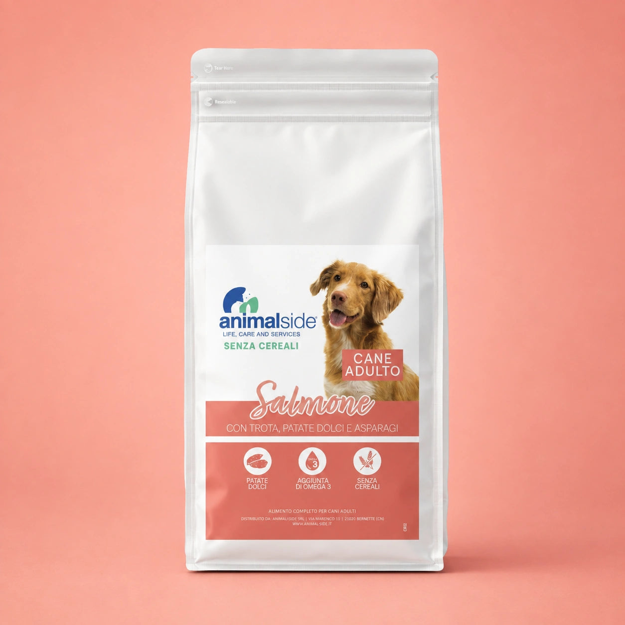 Crocchette di qualità senza cereali per cani al salmone e trota Animalside - sacco 2kg 6kg 12kg