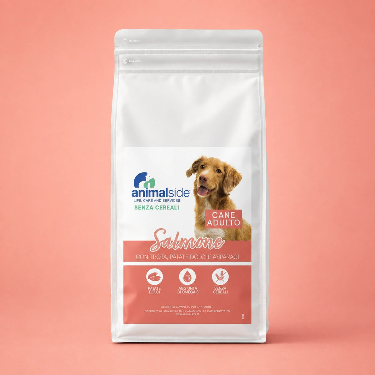Crocchette di qualità senza cereali per cani al salmone e trota Animalside - sacco 2kg 6kg 12kg