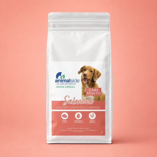 Crocchette di qualità senza cereali per cani al salmone e trota Animalside - sacco 2kg 6kg 12kg