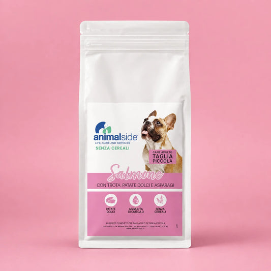 Crocchette per cane adulto taglia piccola al salmone, senza cereali, con patate dolci e omega 3