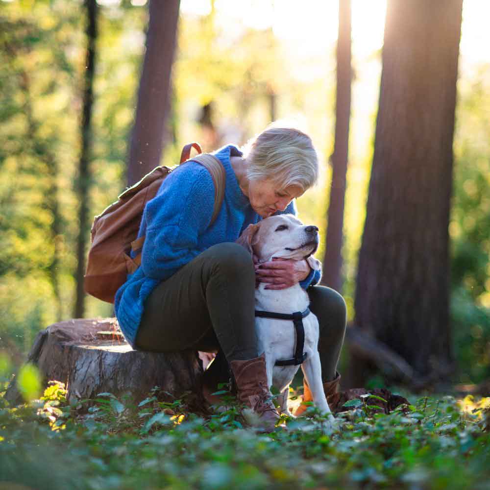 Animalside: signora anziana nel bosco con il suo cane.