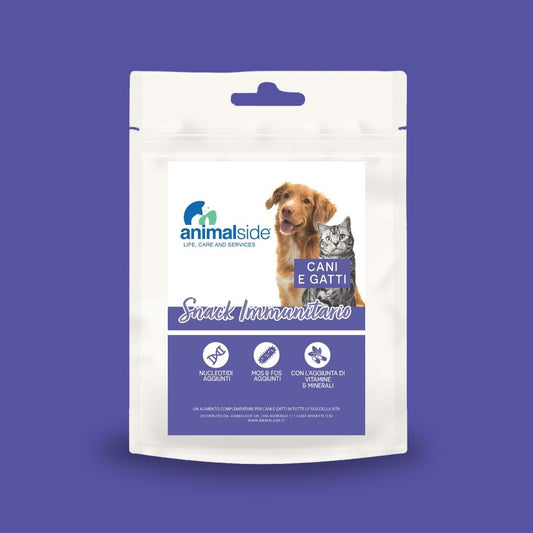 Snack immunitario per cani e gatti, beta glucani e Omega 3 per rinforzare il sistema immunitario e migliorare il benessere generale.