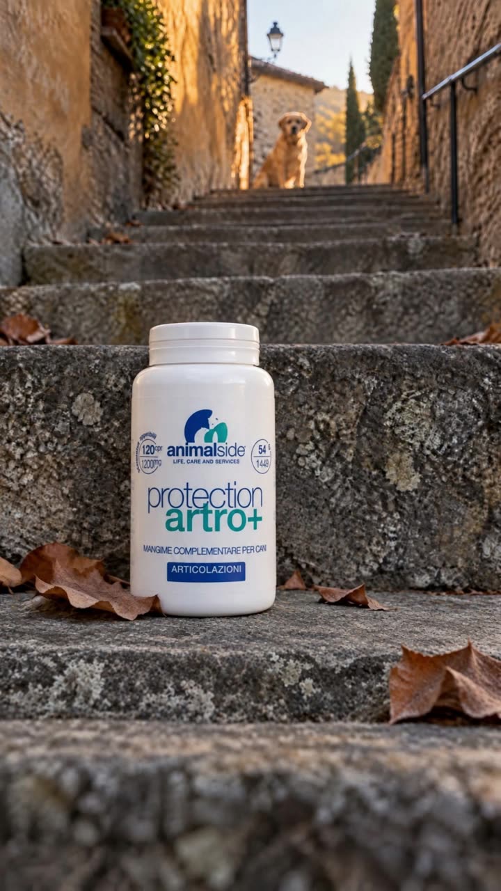 Scalinata in pietra al tramonto con labrador e Protection Artro+