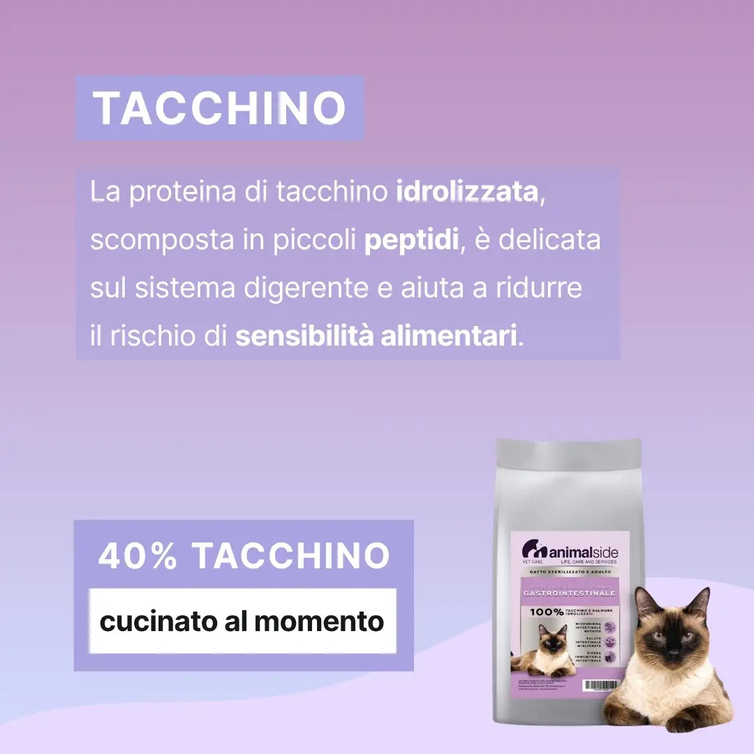 Crocchette per gatto con 40% tacchino idrolizzato, ideali per sensibilità alimentari e salute gastrointestinale